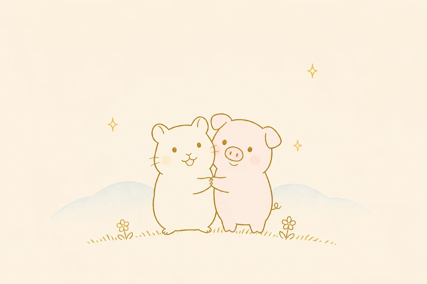 仲良く寄り添う線画のハムスターとブタ